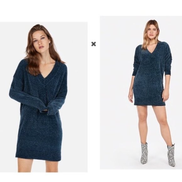 Express Sweaters - Express V Neck Shift Blue Chenille Sweater Dress